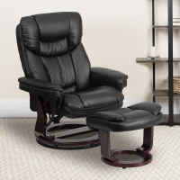 Flash Furniture Contemporary Black Leather Recliner and Ottoman with Swiveling Mahogany Wood Base BT-7821-BK-GG